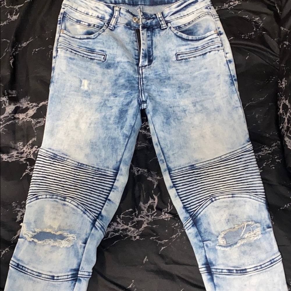 light blue biker jeans